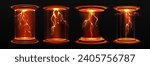 Red neon game portal with lightning and glow effect in realistic vector illustration set. Magic teleport podium with beams for gui concept. Futuristic cyberpunk round luminous port with ray and flash.
