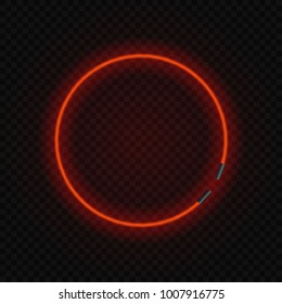 Red neon glowing circle lamp frame on transparent background.