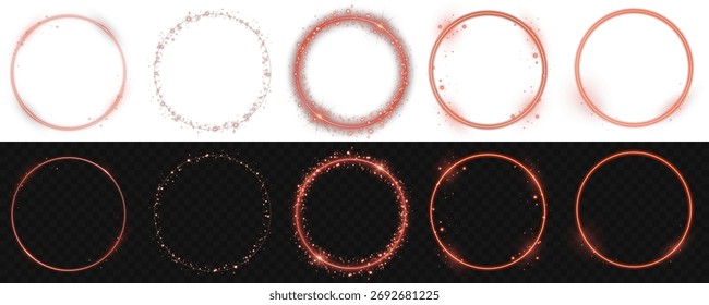 Círculo brillante de neón rojo con rastro de luz suave y efecto de chispa. Marco redondo luminoso vibrante ideal para composiciones de ciencia ficción, tecnología y diseño moderno.
