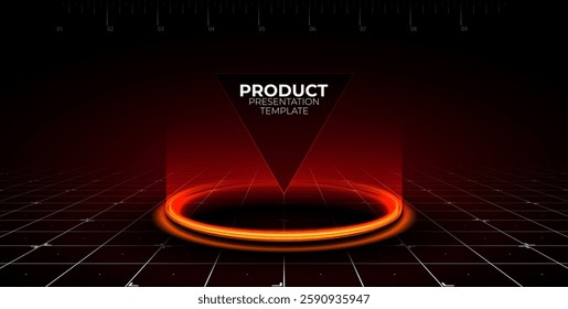 Red neon glowing ring on floor. Circle podium or teleport. Futuristic product stand for gaming accessories. Red futuristic hi-tech background for display technology product. Editable vector template.