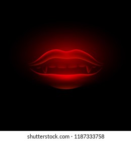 Red Neon And Glowing Vampire Mouth On A Black Background. Vector Realistic 3d Girl Lips With A Vampire Teeth.