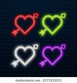 red neon heart with arrow, glowing love sign on dark background, vector illustration..
