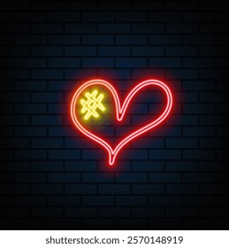 Red neon heart background. 3d realistic design for business financial marketing concept. Night club or bar sign. Electric heart shape frame on dark red backdrop.