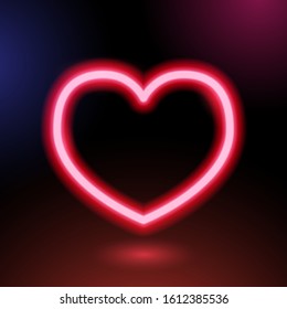 Red neon heart on dark background. Vector illustration. Birthday, Mother's, Valentines, Women's, Wedding Day concept.