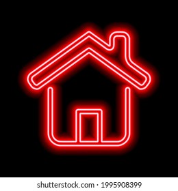 Icono de la casa de neón rojo con puerta, techo y chimenea en un fondo negro. Ilustración del vector