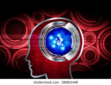red Neon human head. CPU. blue Circuit board. Vector illustration. Abstract Technology background for computer graphic website internet and business. infographics.