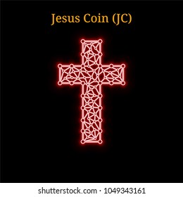 Red neon Jesus Coin (JC) cryptocurrency symbol. Vector illustration eps10 isolated on black background