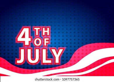 Red Neon light 4th of July, Independence Day with star pattern on blue background. Design for USA card, Banner Vector illustration.