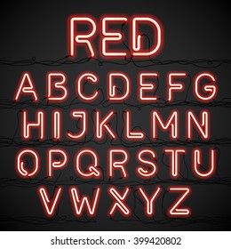 Red Neon Light Alphabet With Cable. Vector.