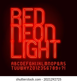 Red Neon Light alphabet font. Neon color letters and numbers. Stock vector typescript for your design.