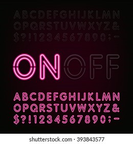 Red Neon Light Alphabet Font. Two Different Styles. Lights On Or Off. Type Letters, Numbers And Symbols. Vector Typeface For Animation, Labels, Titles, Posters Etc.