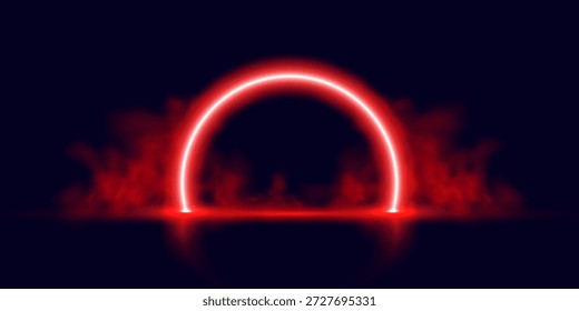 El arco de luz de neón rojo sobre fondo negro crea un efecto de línea abstracta 3D. Portal digital futurista que brilla con energía y humo. Diseño de estilo de casino tecnológico para jugadores, escenarios, túneles o Fondos de pantalla cibernéticos
