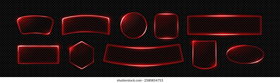 Red neon light frames set isolated on transparent background. Vector realistic illustration of round, oval, rectangular and square shape borders, web or mobile app user interface design elements