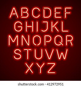 Red Neon Light Glowing Alphabet. Vector.