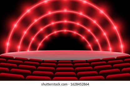 red neon light on the stage with chair in the hall