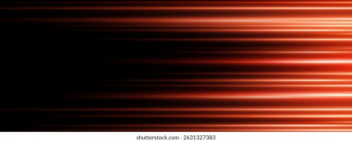 Red neon light streaks and laser lines on black background. Futuristic motion effect with speed, energy, and tech aesthetics. Dynamic abstract vector with glow, flare, and urban innovation vibe.