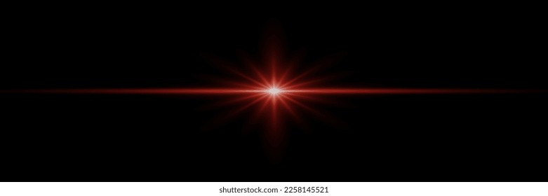 Red neon line, beam, star burst. Light lines. Blurred lens light effect on transparent background.