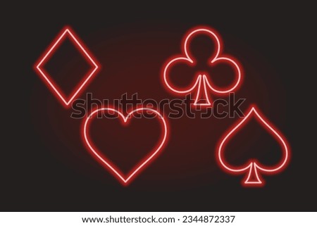 Red Neon Line Card Suits for Poker and Casino on dark background vector illustration