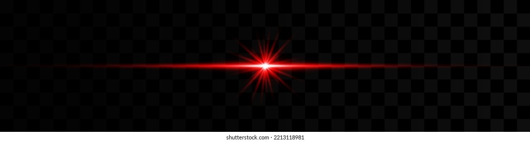 Red neon line, star burst. Light lines. Blurred lens light effect on transparent background.
