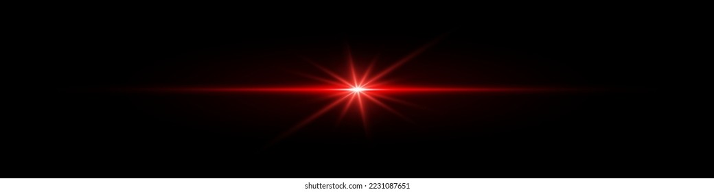 Red neon line, star burst. Light lines. Blurred lens light effect on black background.