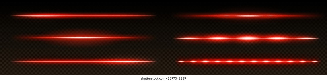 Red neon lines set isolated on transparent background. Vector realistic illustration of bright laser beams glowing in darkness, led tube light, magic energy speed effect, thin horizontal divider