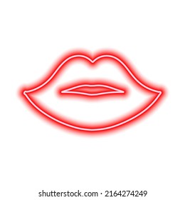 Red neon lips on a white background. The contour of the women's lips. Kiss