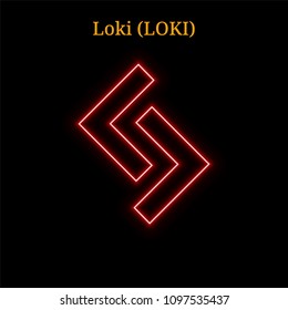 Red neon Loki (LOKI) cryptocurrency symbol. Vector illustration eps10 isolated on black background