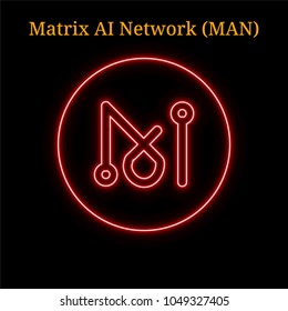 Red neon Matrix AI Network (MAN) cryptocurrency symbol. Vector illustration eps10 isolated on black background