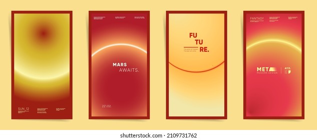Red neon modern art story cover design. Social media square post template with science, space blurry gradient. Circular gradient card layout template design set for poster, card, post, banner. Vector.