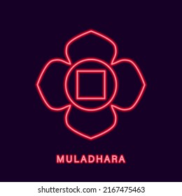 Roter Neon Muladhara Chakra. Glühendes Symbol der Unterkunft von kundalini shakti. Mulakanada, um Glück und Freiheit von Vektorkrankheiten zu gewinnen