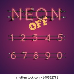 Red neon numbers set on purple background, vector illustration