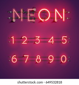 Red neon numbers set on purple background, vector illustration