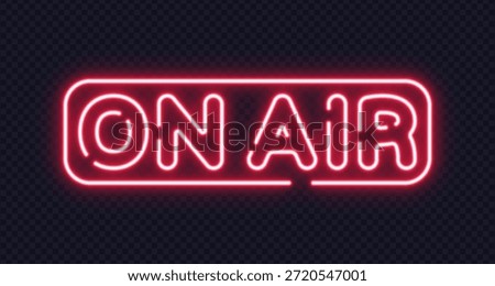 Red neon on air text inside capsule-shaped frame. Classic sign for live broadcasting, podcasts or studios.