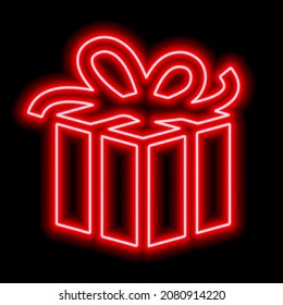 Red neon outline box with gift and ribbon bow. Vector illustraton