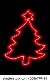 Red neon outline of a Christmas tree with a star on a black background. Vector illustration