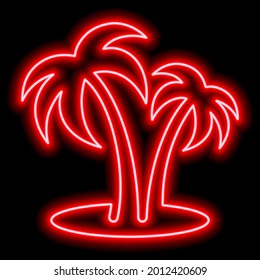 Red neon outline of two palm trees on the beach on a black background. Rest, travel, vacation. Vector icon illustration