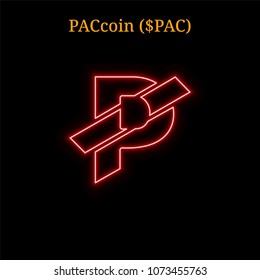 Red neon PACcoin ($PAC) cryptocurrency symbol. Vector illustration eps10 isolated on black background