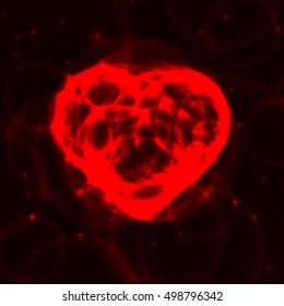 Red neon plasma laser heart on dark background. Neon red laser heart made from circles on dark background. Hot heart from bubbles in the dark