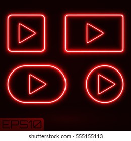 Red Neon Play Button. Vector Illustration. 