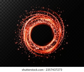 Red neon ring. Round shape with small particles of red dust and lights, shiny frame on an isolated and transparent background.