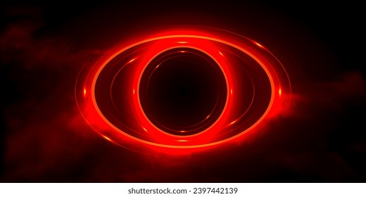 Red neon round frame on the dark sky background, circle, ring shape, empty space, 80's retro style, fashion show stage, abstract background.