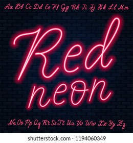 Red Neon Script. Uppercase And Lowercase Letters.