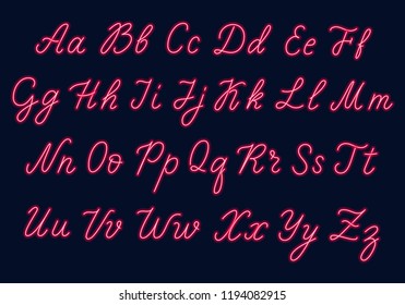 Red Neon Script. Uppercase And Lowercase Letters.