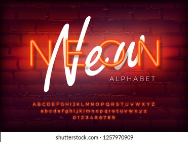 Red neon set glowing alphabet with numbers. Isolated luminescent font on brick wall background. Vector illustration