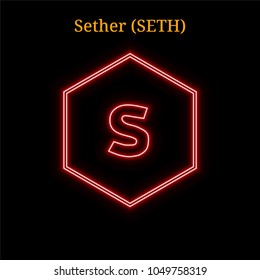 Red neon Sether (SETH) cryptocurrency symbol. Vector illustration eps10 isolated on black background