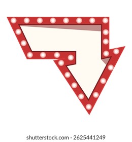 Red neon sign arrow pointing down with light bulbs is a great design element for any project