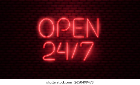 Red Neon Sign Open 24 7 Glowing on Brick Wall Background, Perfect for Bars, Shops, or Online Stores, Modern and Retro Style. Vector Illustration.