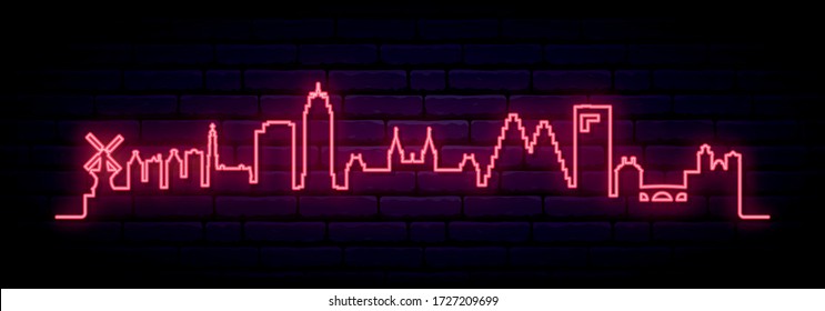 Roter Neon Skyline von Amsterdam Stadt. Helles Amsterdam-Banner. Vector-Abbildung.