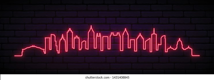 Red neon skyline of Atlanta city. Bright Atlanta long banner. Vector illustration.