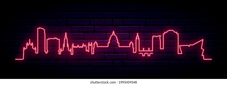 Red neon skyline of Belfast. Bright Belfast City long banner. Vector illustration.